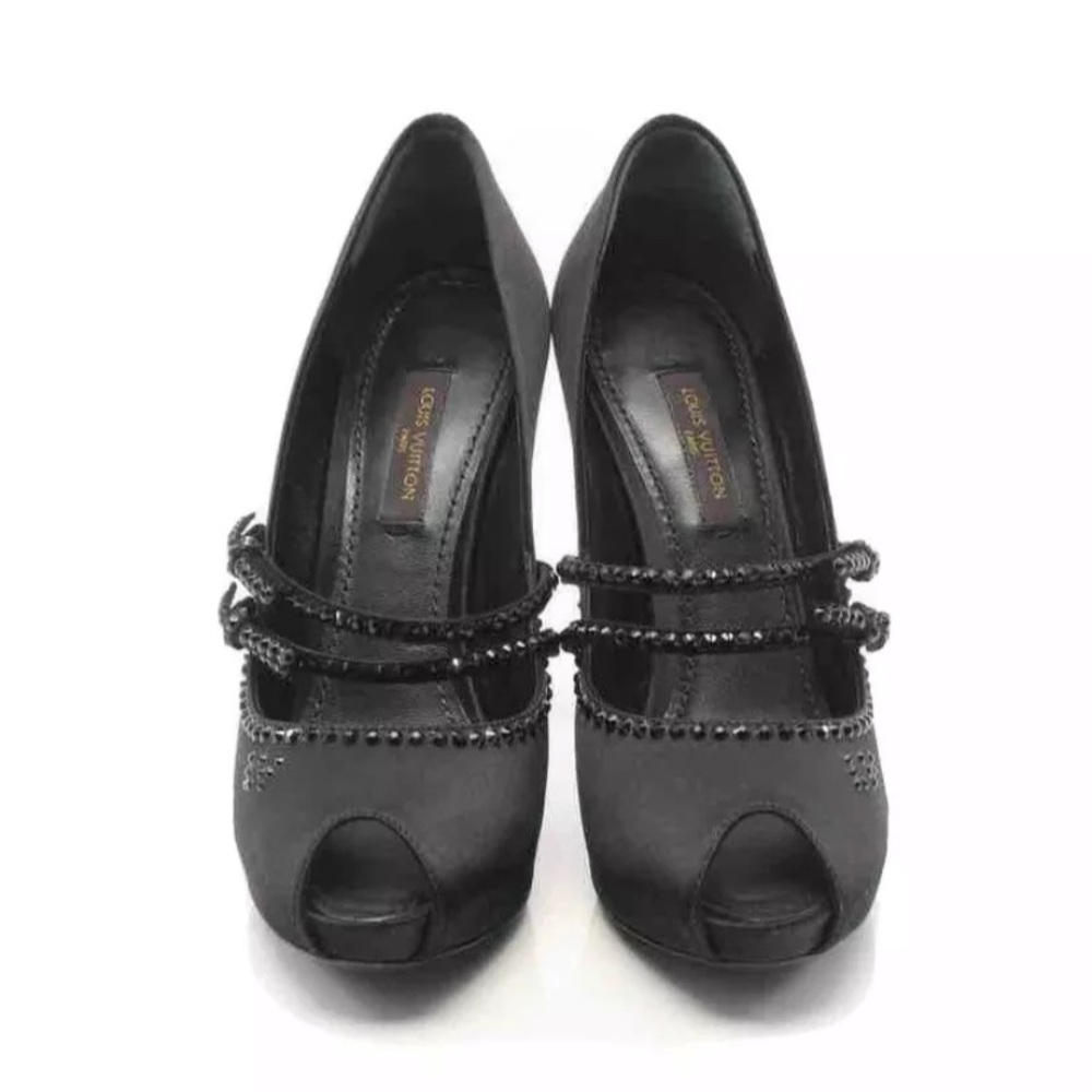 Vintage Louis Vuitton Black Satin Peep Toe Pumps Sz 35 Made In Italy